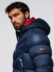 Modern men's quilted jacket of combined materials - navy blue V2 OM-JAHP-0303