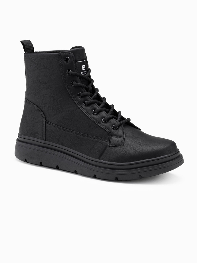 Pánské jednobarevné vysoké boty s ozdobným prošíváním - černé V1 OM-FOBO-0133