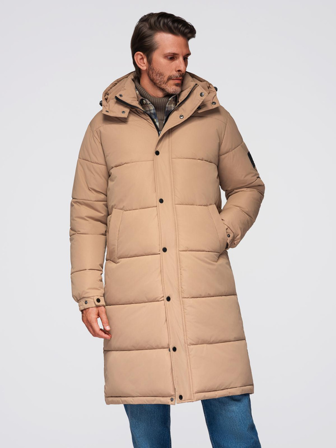 Men's quilted long jacket with detachable hood - beige V2 OM-JALJ-0190
