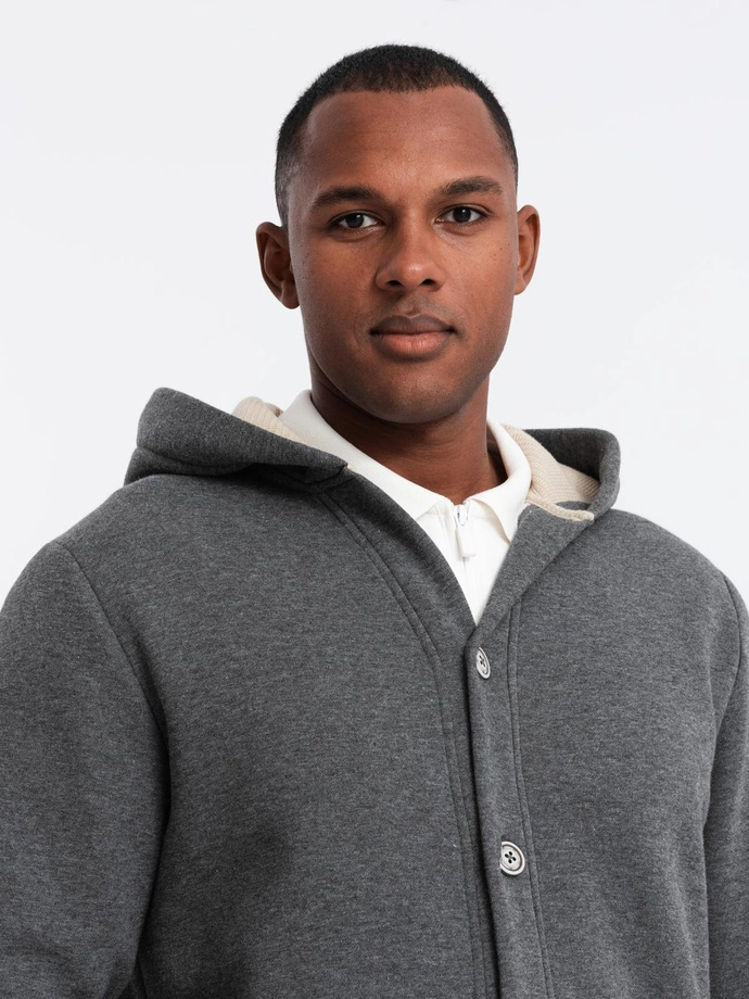 Men's button-down hooded sweatshirt - graphite melange V4 OM-SSZP-0186