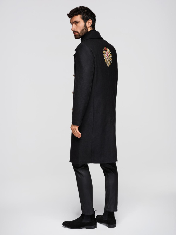 Men's double-breasted wool coat with decorative appliqués - black V1 OM-COWC-0147
