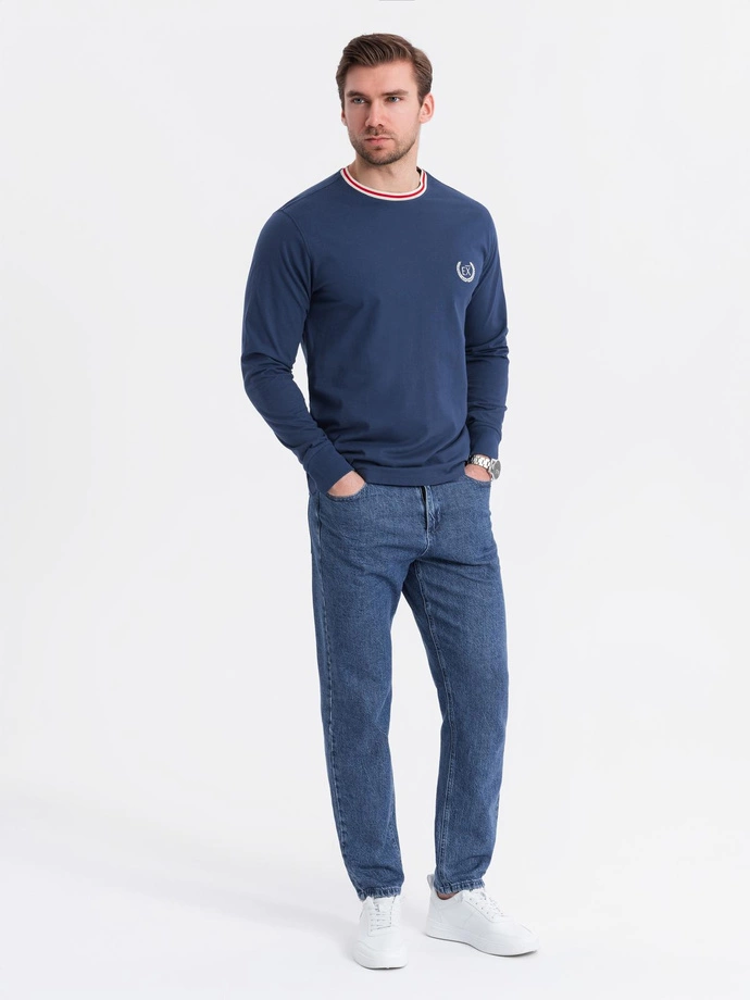 Men's cotton longsleeve with striped U neckline and embroidery - dark blue V3 OM-LSCL-0128