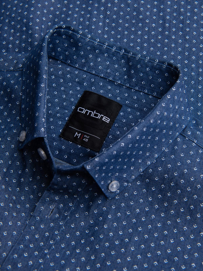 Cămașă bărbătească din bumbac cu model SLIM FIT - albastru marin V6 OM-SHCS-0151