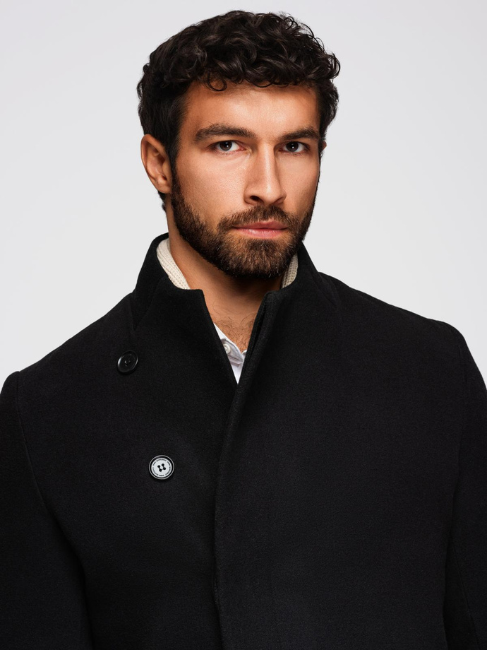 Men's coat with high collar and asymmetrical fastening - black V2 OM-COWC-0141
