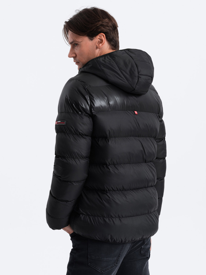 Pánská prošívaná zimní bunda z kombinovaných materiálů - černá V1 OM-JAHP-0145