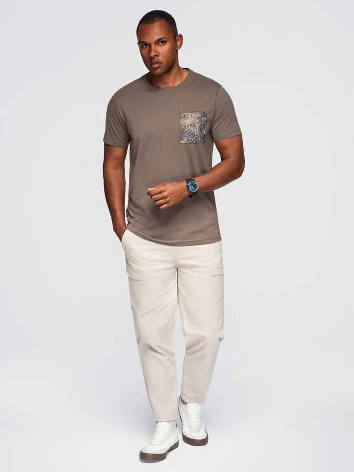 Men's cotton t-shirt with printed pocket - dark olive V1 OM-TSPT-0227