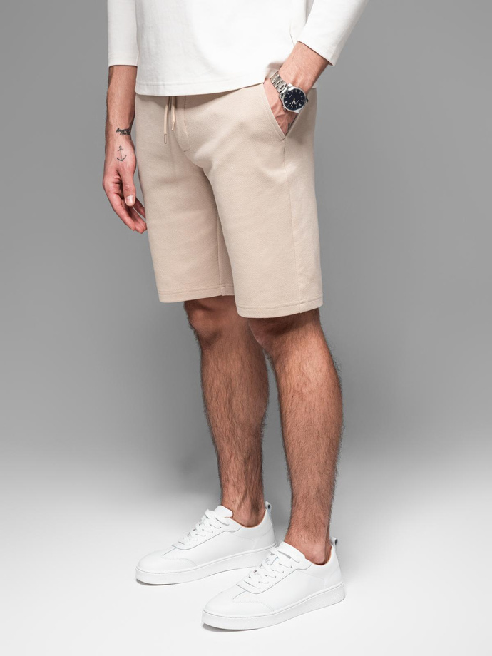 Casual men's SLIM FIT jacquard knit shorts - beige V2 OM-SRCS-0168