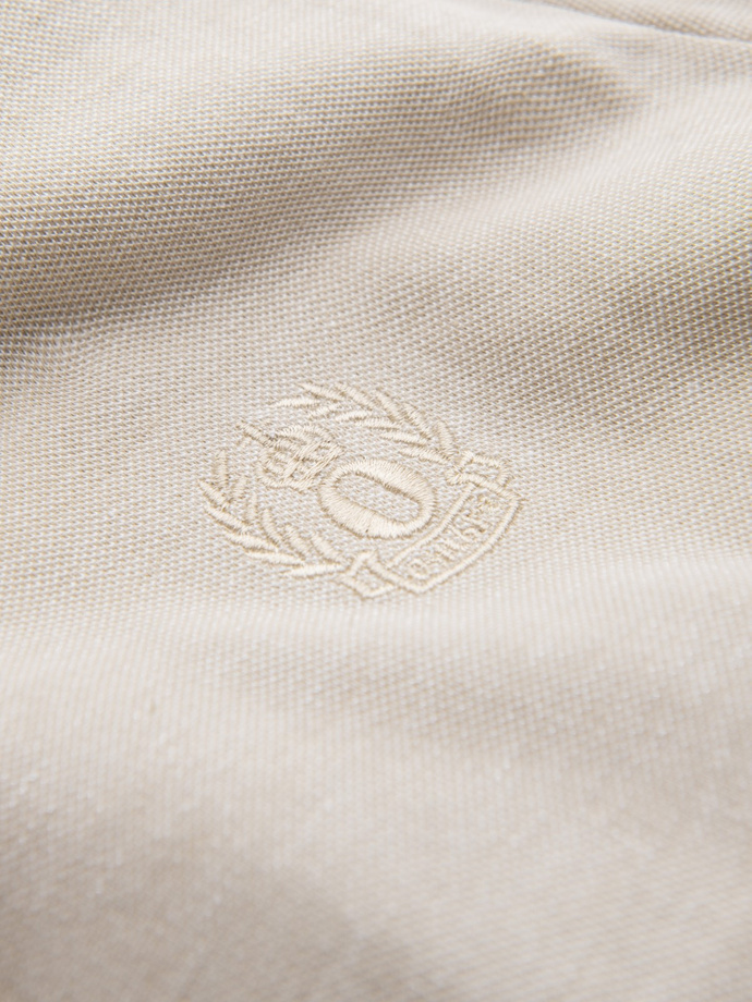 Pánske melanžové polo tričko s pruhovaným golierom - pieskové V4 OM-POSS-0109