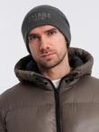 Men's knitted beanie hat with embroidered inscription - graphite V2 OM-ACWH-0120