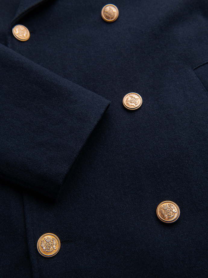 Men's double-breasted coat with wool and decorative appliqués - V1 navy blue OM-COWC-0149
