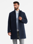 Men's coat with asymmetrical fastening and high collar - navy blue V3 OM-COWC-0120