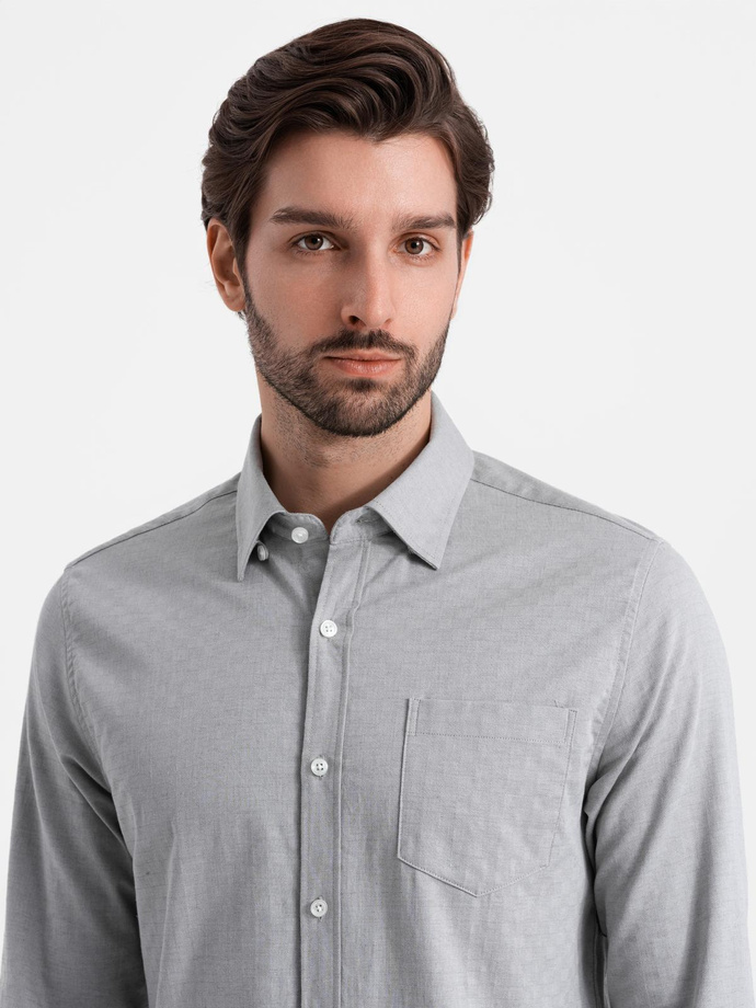 Men's SLIM FIT shirt in decorative fabric with pocket - grey V2 OM-SHCS-0174