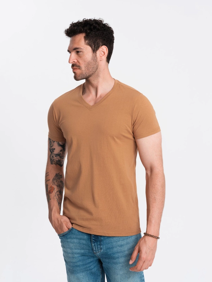 Men's BASIC classic cotton T-shirt with a v-neck - brown V9 OM-TSBS-0145