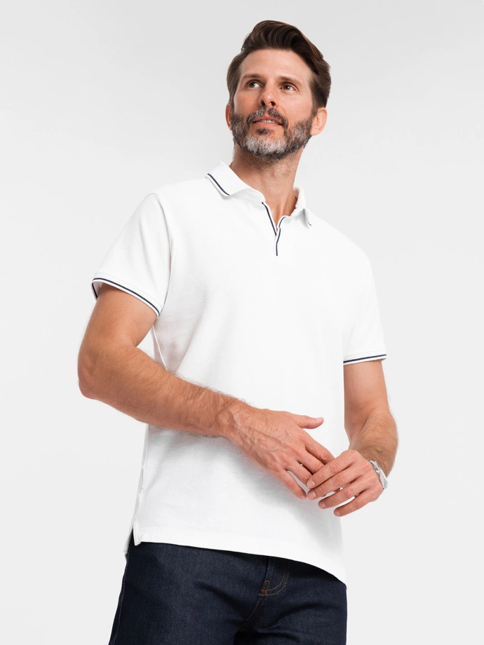 Men's pique knit polo shirt without buttons - white V1 OM-POSS-0110