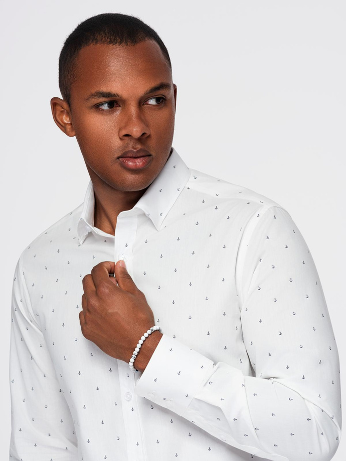 Cămașă clasică pentru bărbați din bumbac SLIM FIT cu ancore - alb V3 OM-SHCS-0156