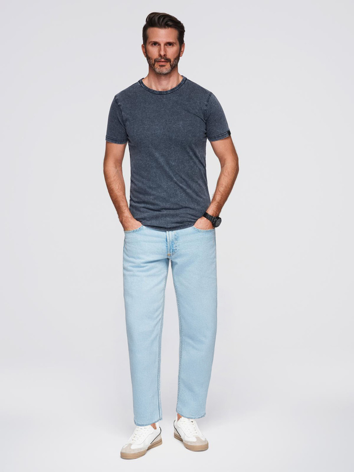 Vyriški marškinėliai su skalbimo efektu - tamsiai mėlyni V2 OM-TSWT-0116