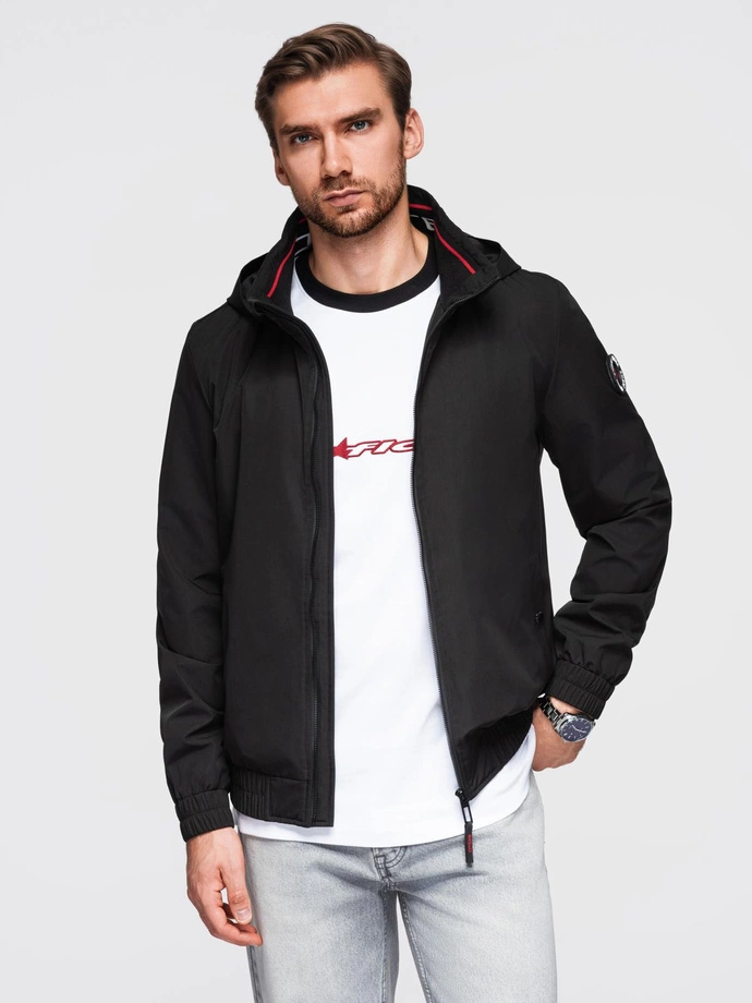 Men's jacket with hood and high collar - black V1 OM-JANP-0222