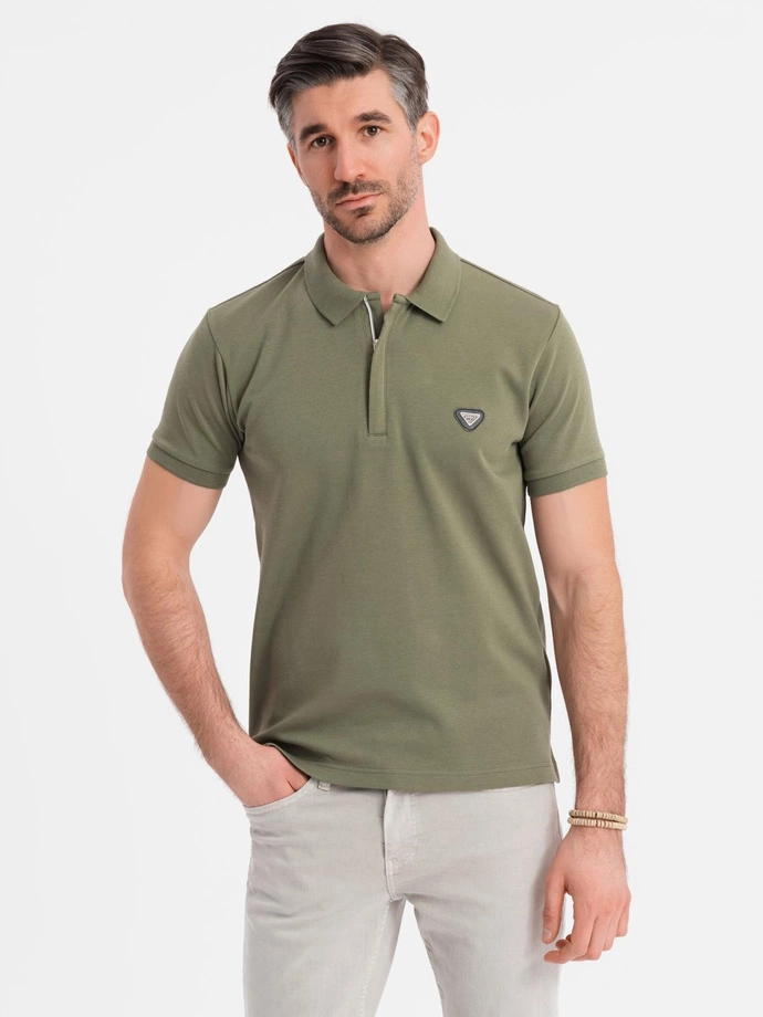 Men's polo shirt with zip neckline - olive V5 OM-POSS-0148