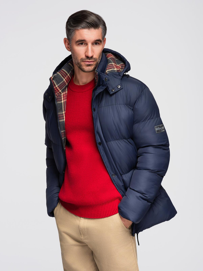 Men's puffer jacket with check lining - navy blue V1 OM-JAHP-0205