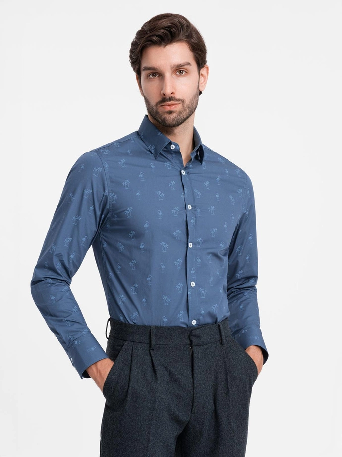 Klasická pánská bavlněná košile SLIM FIT s palmami - tmavě modrá V5 OM-SHCS-0156