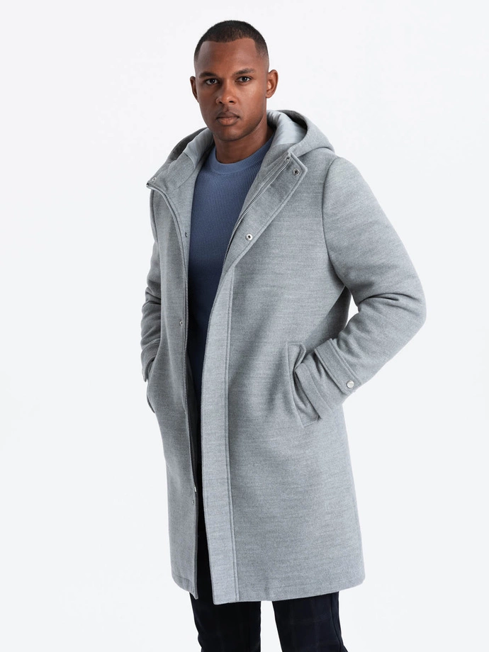 Monochrome long men's hooded coat - grey melange V1 OM-COWC-22FW-005