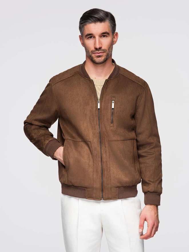 Men's imitation leather jacket with ribbed hem - dark brown V1 OM-JAFL-0109