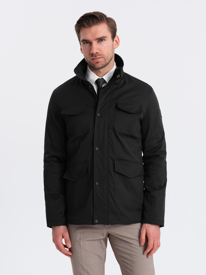 Men's lightweight jacket with high collar and pockets - black V1 OM-JALP-0167