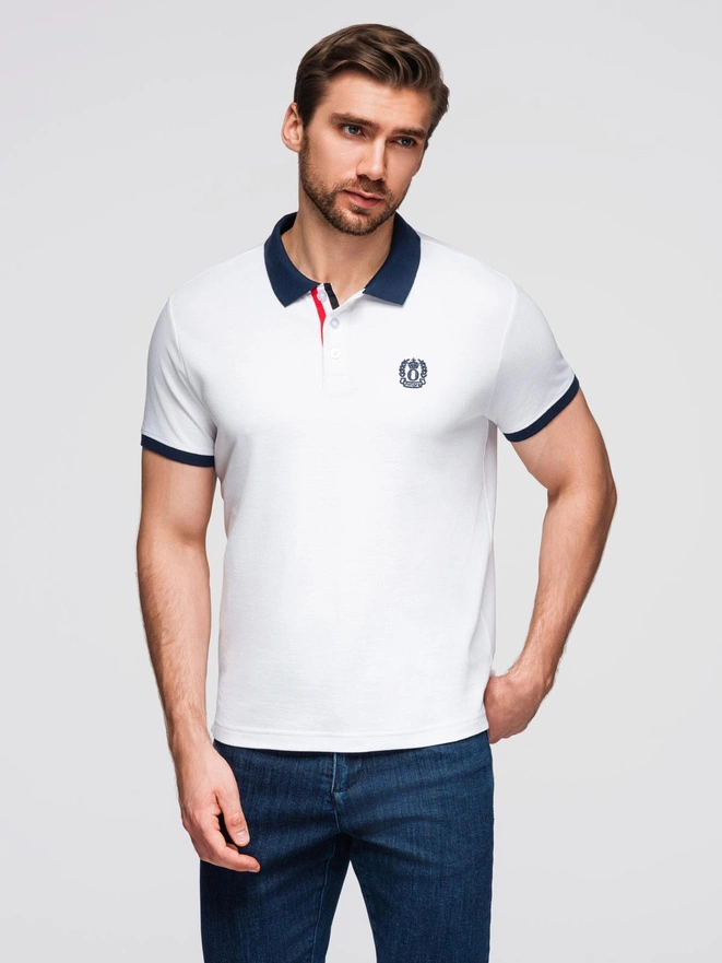 Tricou polo pentru bărbați cu accente colorate - alb V2 OM-POSS-0105