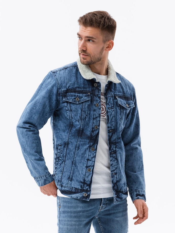 Jachetă din denim sherpa pentru bărbați - albastru V1 OM-JADJ-0125