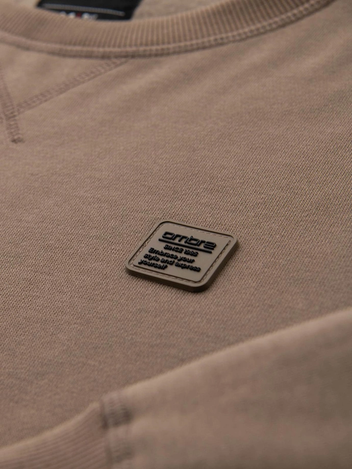 Classic men's sweatshirt with round neckline - light brown V3 OM-SSNZ-0243
