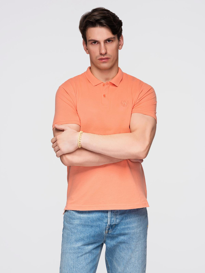 Tricou polo BASIC pentru bărbați BASIC tricot piqué monocolor - piersică V19 OM-POBS-0100