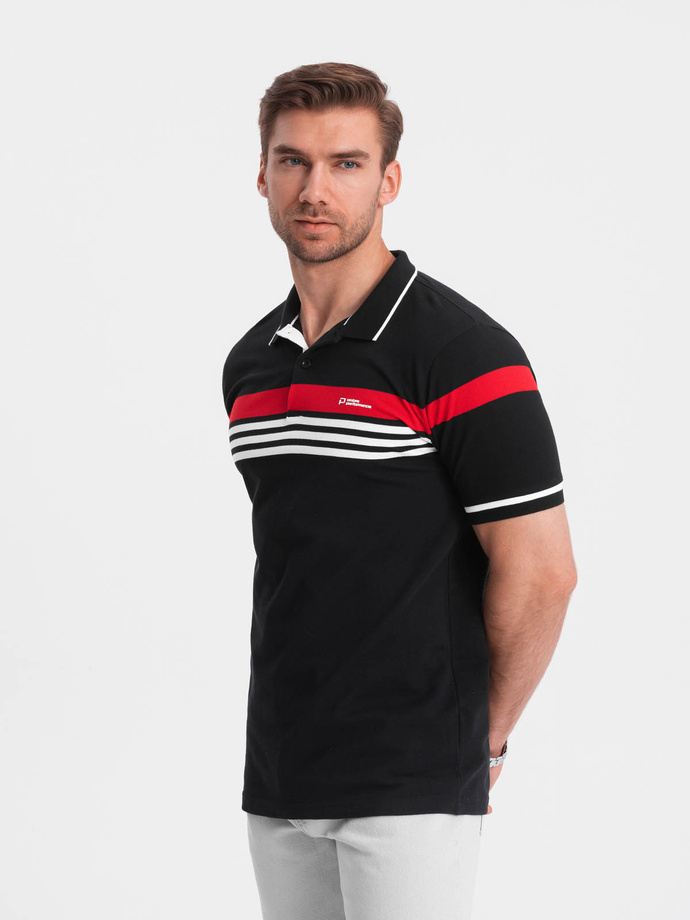Tricou polo pentru bărbați cu dungi în două tonuri - negru V2 OM-POSS-0127