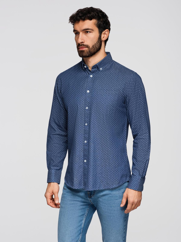 Cămașă bărbătească din bumbac cu model SLIM FIT - albastru marin V6 OM-SHCS-0151