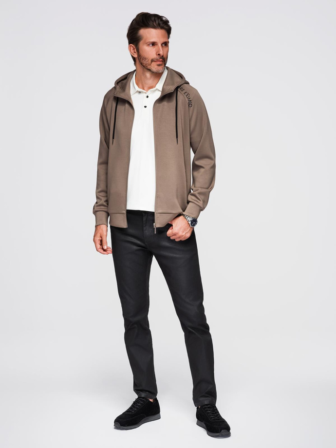 Men's unbuttoned sweatshirt with stand-up collar and hood - gray-brown V3 OM-SSZP-0216