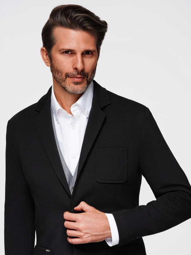 Jachetă bărbătească SLIM tricotată cu textură subtilă - negru V2 OM-BLZB-0101