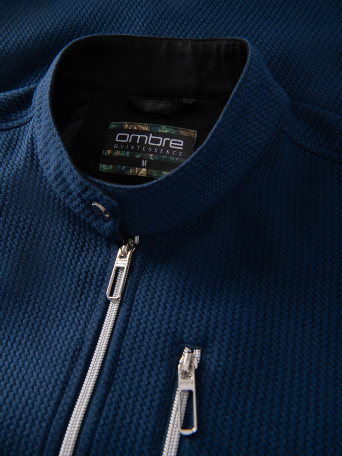 Structured men's biker jacket with stand-up collar - dark blue V1 OM-JANP-0229