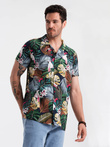Pánske vzorované viskózové tričko s krátkym rukávom - džungľa V10 OM-SHPS-0113
