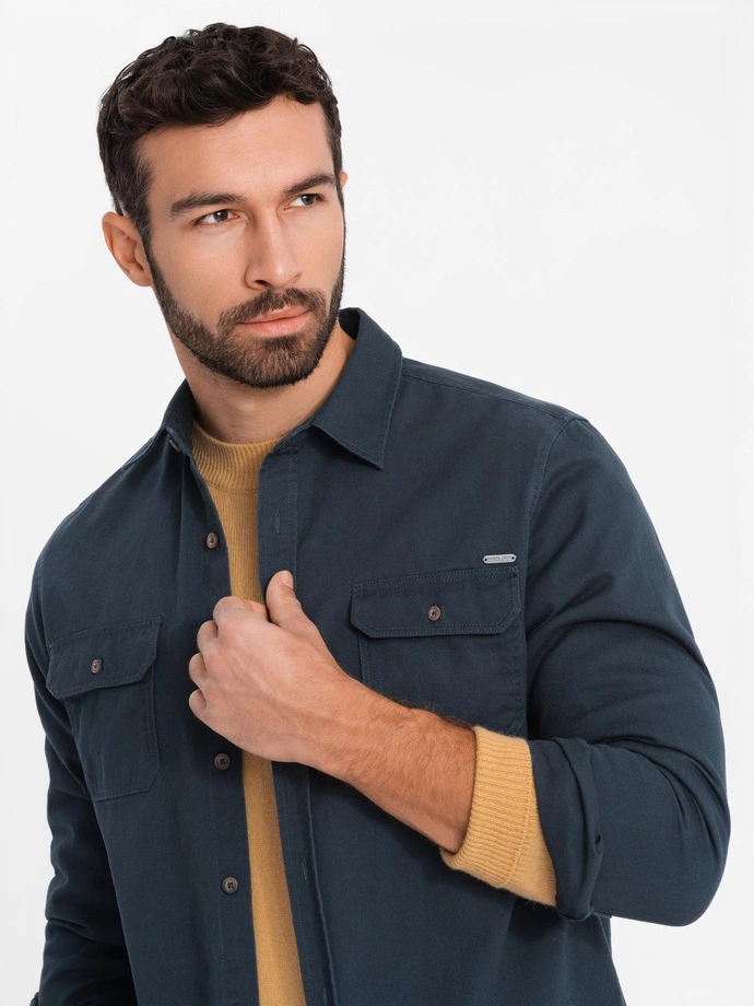 Men's REGULAR FIT cotton shirt with buttoned pockets - navy blue V3 OM-SHCS-0146