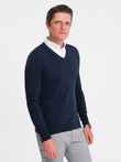 Men's sweater with a "v-neck" neckline with a shirt collar - navy blue V2 OM-SWSW-0102