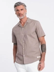Men's short sleeve shirt with Cuban collar - dark beige V3 OM-SHSS-0168