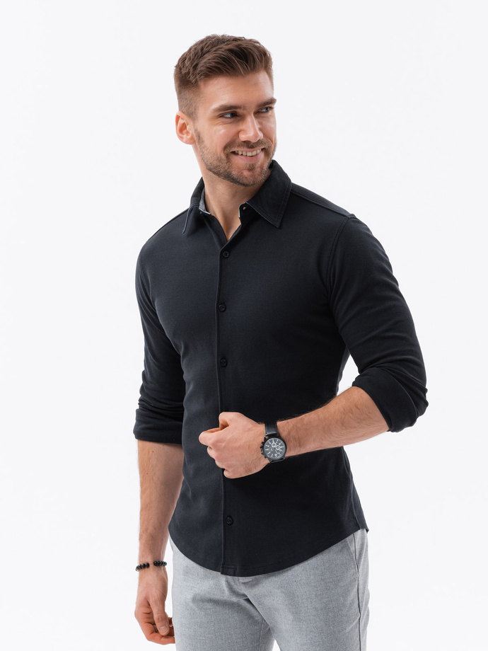 Pánská pletená košile SLIM FIT s dlouhým rukávem - černá V4 OM-SHCS-0177