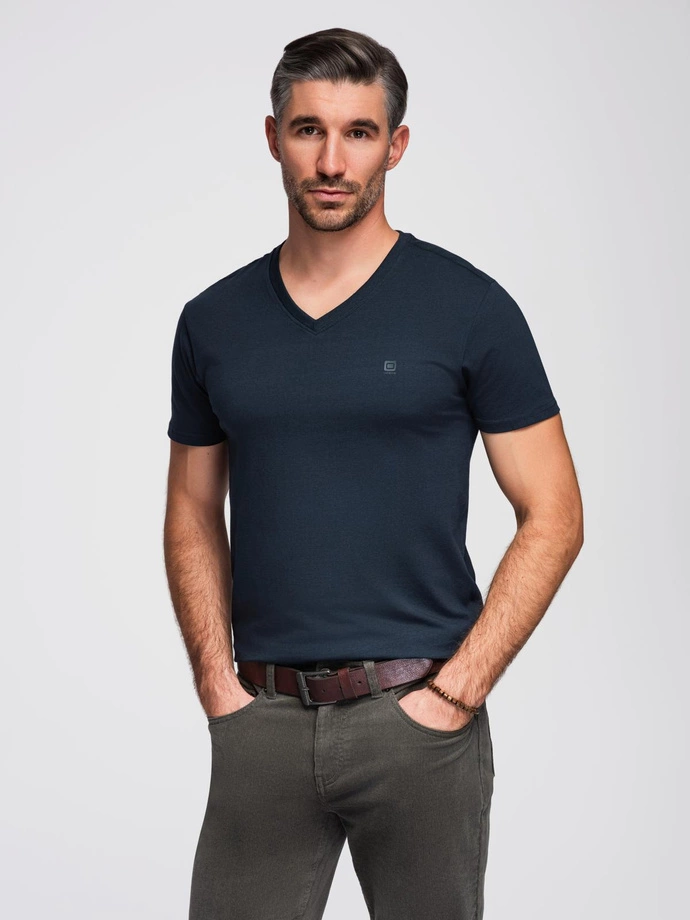 Pánske tričko V-NECK s elastanom - tmavomodré V2 OM-TSCT-0106