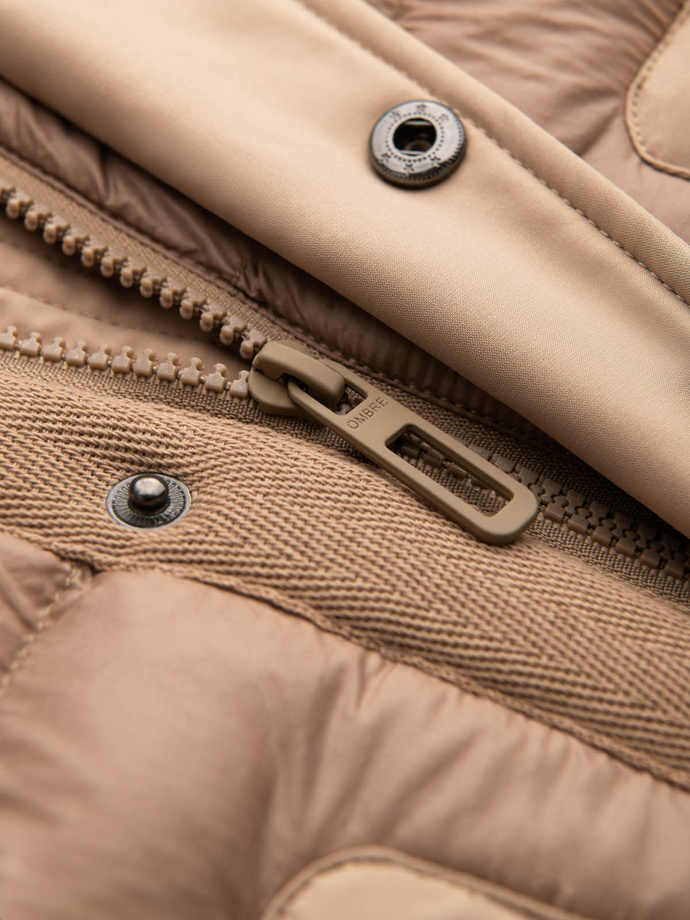 Jachetă lungă matlasată pentru bărbați cu buzunare mari - bej V2 OM-JALJ-0165