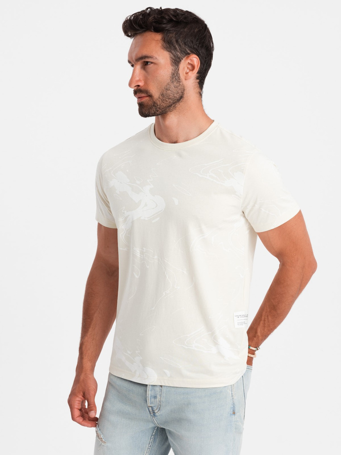 Tricou bărbătesc din bumbac cu modele - crem V7 OM-TSFP-0184