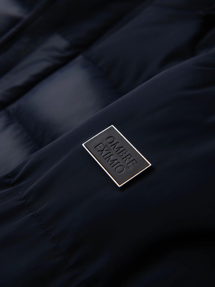 Vyriška dygsniuota kombinuotos medžiagos striukė su gobtuvu - tamsiai mėlyna V3 OM-JALJ-0266