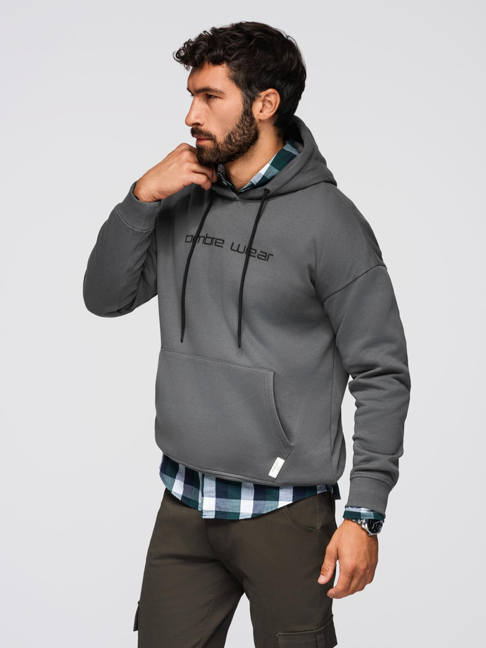 Men's kangaroo sweatshirt with embroidery and hood - graphite V2 OM-SSNZ-0241