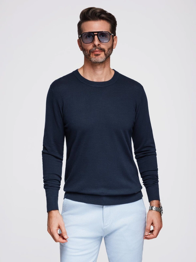 Men's sweater with round neckline in stretch knit with classic weave - navy blue V1 OM-SWSW-0183