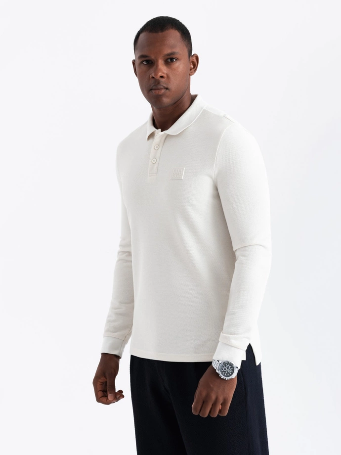 Structured men's polo longsleeve with patch - white V2 OM-POLS-0131