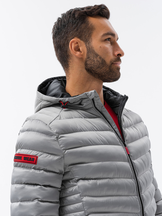 Men's quilted jacket with satin finish - silver V17 OM-JALP-0121
