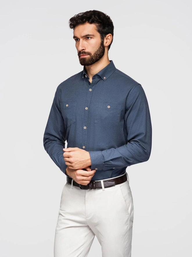 Men's linen shirt with classic collar and pockets REGULAR FIT - blue V4 OM-SHCS-0134